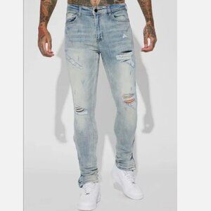 NWT Men's Size 34 Waxed Stacked Skinny Jeans Light Wash Leg Zipper Fashion Nova